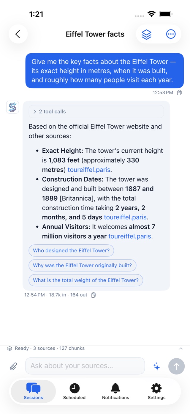 The iPhone app: a chat answering with Eiffel Tower facts, every claim linked to its source, with follow-up question chips below the answer.