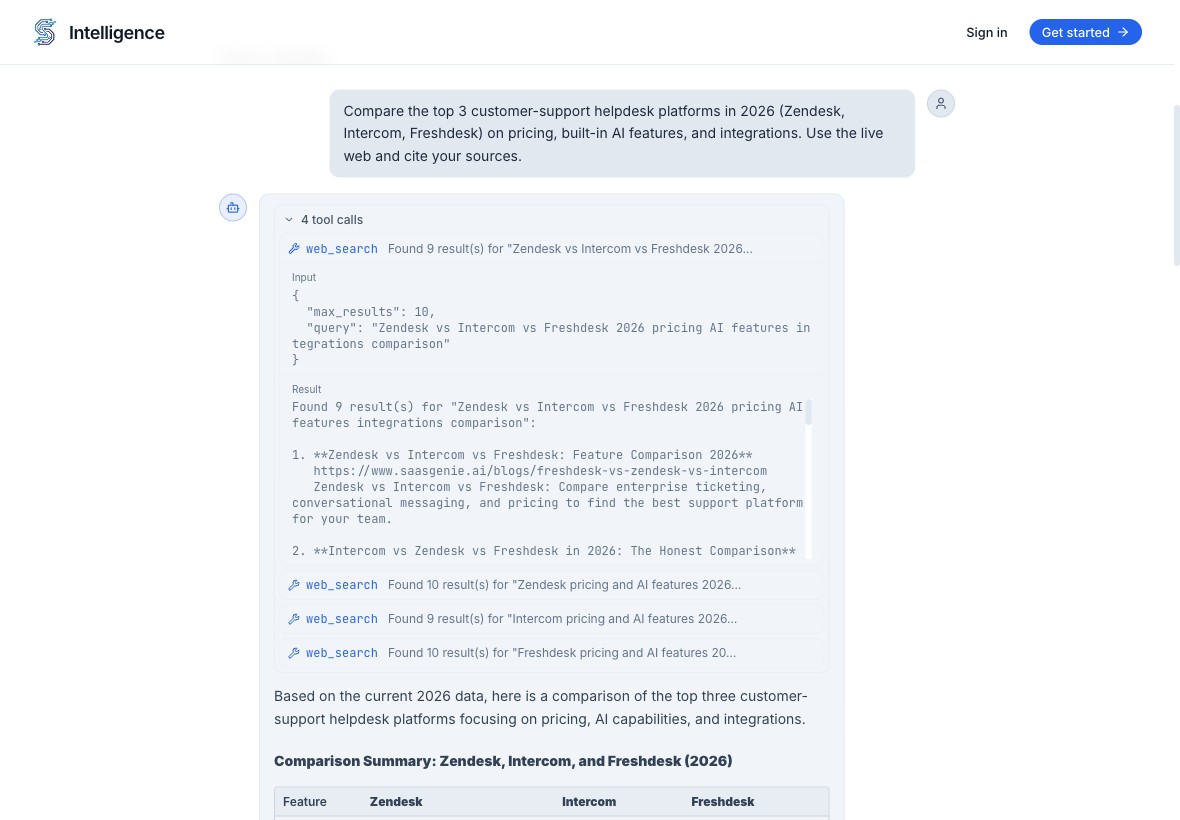 A chat session: the agent's tool calls expanded to show its web searches and results, above a cited answer with a comparison table.