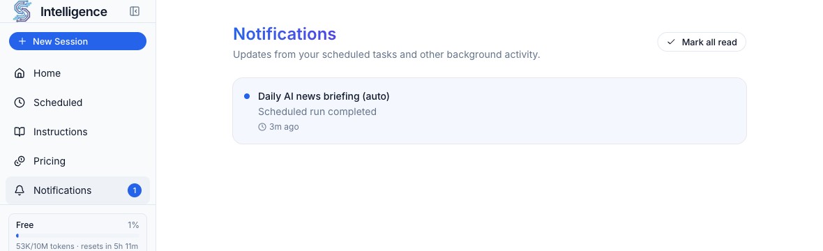 The Notifications page showing a completed scheduled run for the daily AI news briefing.